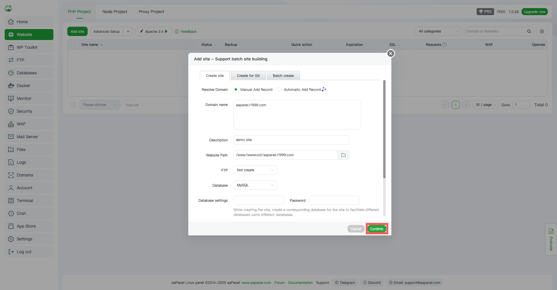 サイト追加の実行画面
