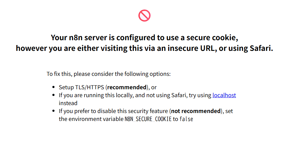 n8nのSSL通信必須に関する警告画面